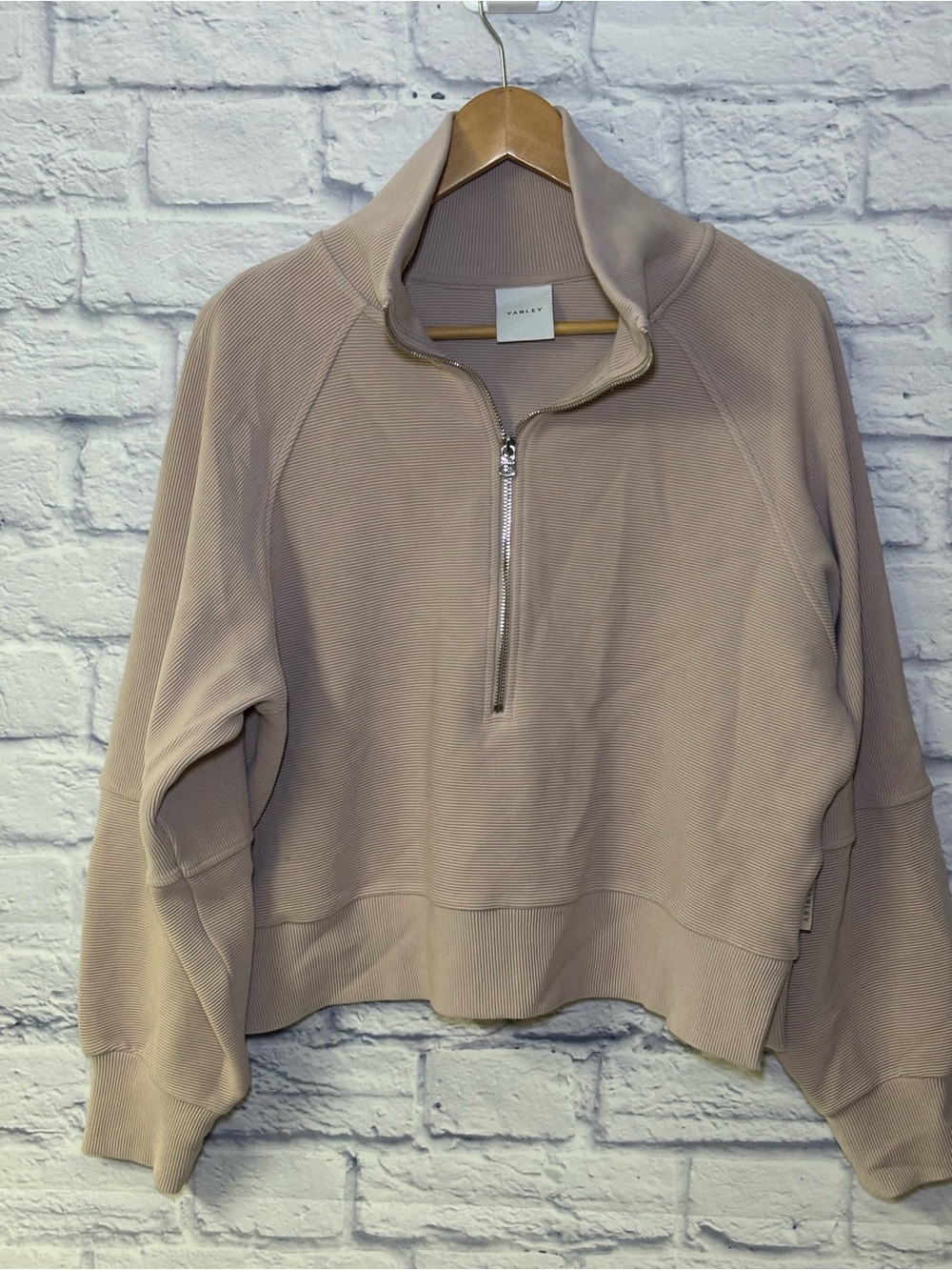 Varley Milano Half-Zip Sweatshirt in Mauve Taupe Ribbed Cropped Read Below